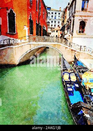 Acquerello in rappresentanza di gondole parcheggiata in uno dei piccoli canali nel centro storico di Venezia Foto Stock