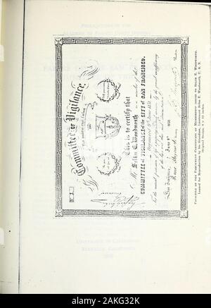 Pubblicazioni dell'Accademia della costa del Pacifico la storia . Digitalizzato da Internet Archivein 2013 archive.org/details/publicationsofac41 acad Pubblicazioni di theAcademy della costa del Pacifico HistoryVolume 4 carte del SAN FRANCISCOCOMMITTEE DI VIGILANCEOF 1851 a. Minuti e vari conti PAPERSFINANCIAL E BUONI a cura di Maria Floyd Williams University di CaliforniaBerkeley, California1919 NOTA INTRODUTTIVA questo volume è il risultato di anni di speranza e di anni di lavoro.Quando il Bancroft Biblioteca fu acquistato dal Regents dell'Università della California, e trasportato a Berkeley nel 1906,it Foto Stock