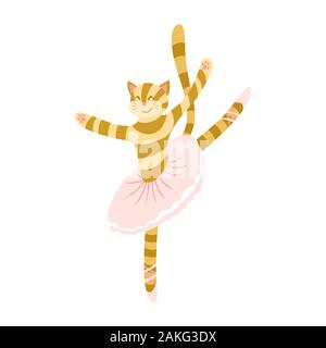 Cartoon carino cat ballerina. Divertente personaggio animale in tutù mantello e pointes. Appartamento illustrazione vettoriale. Illustrazione Vettoriale