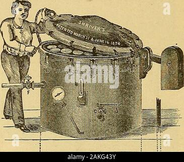 Il libro di riferimento ..interesting fatti e informazioni preziose per gli imballatori di frutta e verdura e ostriche .. . Questa macchina è di semplice costruzione e mostra già di per sé. Itis universalmente appoggiato come il migliore stile di apparecchiatura di prova • noto. Il Warfield Manufacturing Co., Baltimore, sono sole manu-facturers. Catalogo illustrato contiene la descrizione completa andprice. 48 Il processo Shriver bollitore. (Brevettato 31 marzo e giugno 16., 187*) Il bollitore solo i cui brevetti riguardano il diritto di utilizzare o theDry vapore o vapore e acqua processo.. Ci sono sette o otto cento di questi bollitori in uso.CO Foto Stock