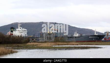 RSPB WOW Belfast Harbour, Belfast, Irlanda del Nord. 09 gennaio 2020. Tempo del Regno Unito - una giornata fresca con poco vento e temperature intorno a sei gradi a Belfast. Asciutto ma grigio e una minaccia di sole. Calmati al finestrino RSPB Belfast sulla riserva naturale Wildlife Nature Reserve, mentre l'affollato porto di Belfast si allontana sullo sfondo della Cave Hill. Credit: David Hunter/Alamy Live News. Foto Stock