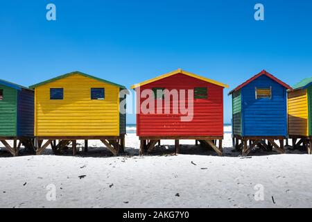 Le cabine colorate in Muizenberg spiaggia nei pressi di Città del Capo, Sud Africa, noto per le sue case di legno dipinte in colori vibranti Foto Stock