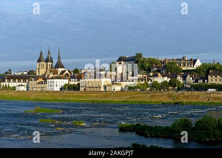 Francia, Loir et Cher, Valle della Loira sono classificati come patrimonio mondiale dall' UNESCO, Blois, fiume Loira quays con il castello e la chiesa Saint Nicolas Foto Stock