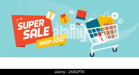 Shopping online vendita promozionale banner: fast carrello piena di colorati sacchetti e scatole di regali Illustrazione Vettoriale