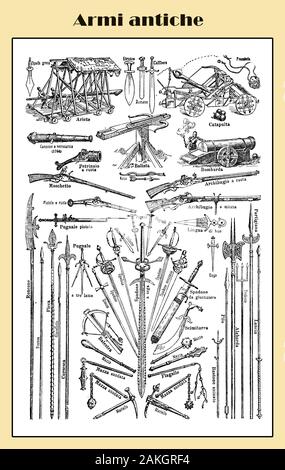 Armi e munizioni dall'antichità ai tempi del Rinascimento, illustrata lessico italiano tabella con catapulte, spade,spears,pugnali,pistole,arquebuses e balestre Foto Stock