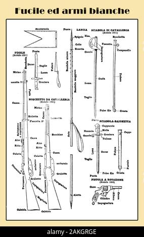Pistole e armi a freddo utilizzato nel XIX secolo, illustrata lessico italiano tabella con sciabole, pistole, pistole,baionette e della cavalleria moschetti Foto Stock