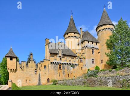 Francia, Dordogne, Perigord Noir, Valle della Dordogna, Marquay, Chateau de Puymartin, ricostruito dopo i cento anni di guerra Foto Stock