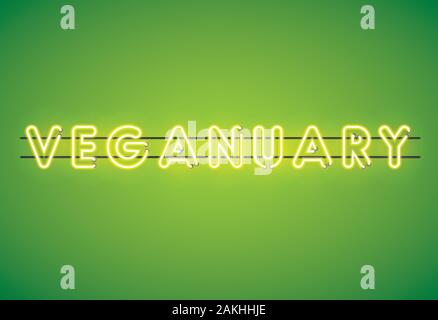 Neon Veganuary vegano fluorescente messaggio su uno sfondo verde Illustrazione Vettoriale