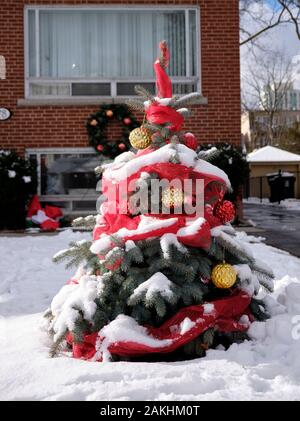 Per esterno albero di Natale decorato con ghirlande e palle coperte in fresco bianco della neve nella parte anteriore del residence Foto Stock