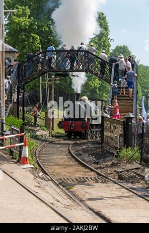 Un treno a vapore che avvicinandosi alla stazione e passerella come parte della collina Fawley vapore e trasporto Vintage Weekend al Signore McAlpine la ferrovia privata Foto Stock