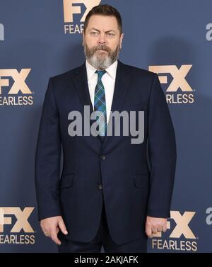 Pasadena, California, Stati Uniti d'America. Il 9 gennaio, 2020. Nick Offerman arriva a FX reti TCA invernale Starwalk tenutosi presso il Langham Huntington a Pasadena, CA il giovedì, ?Gennaio 9, 2020. (Foto di Sthanlee B. Mirador/Sipa USA) Credito: Sipa USA/Alamy Live News Foto Stock