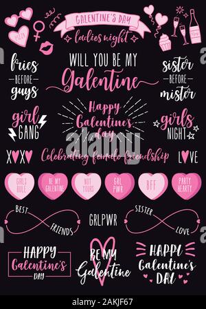 Giorno Galentines, disegnata a mano del vettore di elementi di design per il giorno di San Valentino card, Galentines giorno LADIES NIGHT, femmina invito alla festa Illustrazione Vettoriale