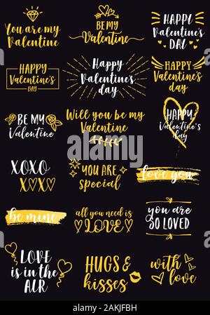Il giorno di San Valentino, scritte set con disegnati a mano scarabocchi, vettore di elementi di design per le schede Illustrazione Vettoriale