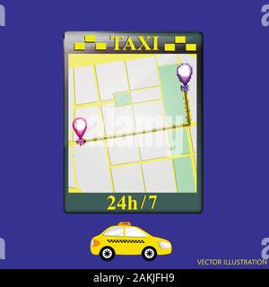 Servizio Taxi di Design. Ordinare un taxi in città località sulla mappa. Servizio online. Telefono cellulare App. Applicazione Internet auto consegna rapida. Illustrazione Vettoriale. Illustrazione Vettoriale