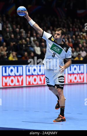 Trondheim, Norvegia. 9 Gen, 2020. Pallamano: Campionato Europeo, Germania - Paesi Bassi, turno preliminare, gruppo C 1° giornata. Uwe Gensheimer dalla Germania in azione a 7 metro buttare. Credito: Robert Michael/dpa-Zentralbild/dpa/Alamy Live News Foto Stock