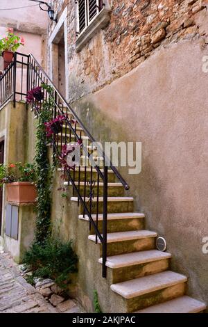 Outdoor scalinata di pietra fino alla porta anteriore con ringhiera in ferro e piante che crescono, la piccola cittadina di Balla, Croazia Foto Stock