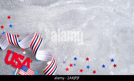 Presidenti felice giorno vendita modello di pagina di intestazione con bandiera americana, segno USA, grosgrain ribbon, coriandoli stelle. Foto Stock