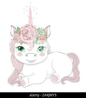 Unicorn con gli occhi verdi e avvisatore acustico rosa rose fiori. Foto in disegno a mano in stile cartoon, per t-shirt moda print design, biglietto di auguri, post Illustrazione Vettoriale