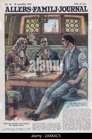 ALEXANDER SELKIRK (1676-1721) Scottish corsaro raccontando la sua storia come un naufrago di Daniel Defoe a sinistra la cui Robinson Crusoe è basato su Selkirk le esperienze Foto Stock