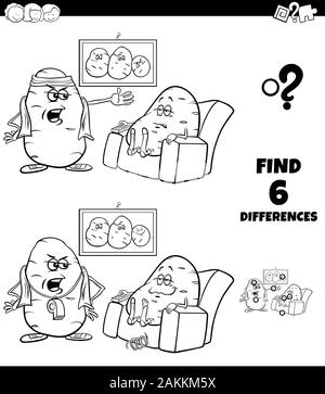 Bianco e Nero Cartoon illustrazione di trovare le differenze tra le immagini del gioco educativo per bambini con Couch Potato proverbio libro da colorare Pag Illustrazione Vettoriale
