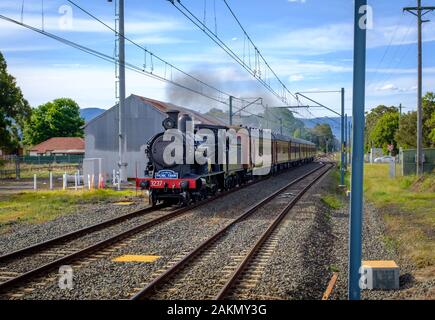 La storica Baldwin 5917 Picnic treno a vapore a pieno vapore che passa attraverso una stazione di Albion Park, NSW, Australia Foto Stock