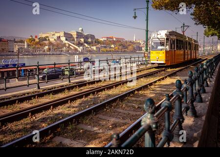 Budapest, Ungheria - tram locale a cavallo lungo il fiume con il castello di Buda in background Foto Stock