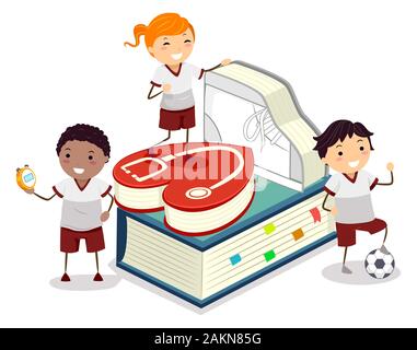 Illustrazione di Stickman bambini indossano uniformi in PE con la Salute Libri, Timer e Pallone da calcio Foto Stock