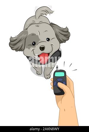Illustrazione di un cane con un collare elettronico guardando in alto e una mano che regge un telecomando Foto Stock