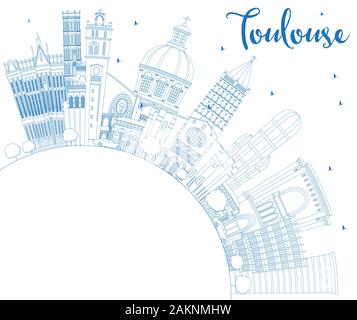 Delineare Toulouse Francia dello skyline della città con edifici blu e copia di spazio. Illustrazione Vettoriale. Viaggi di affari e turismo Concept. Illustrazione Vettoriale