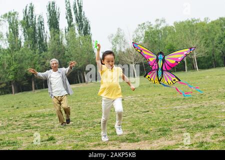 Coppie di anziani con un nipote è volare un aquilone nel parco Foto Stock