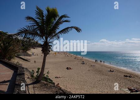 Vista in elevazione della spiaggia di Jandia a Morro Jable, Penisola di Jandia, Fuerteventura, Isole Canarie, Spagna, Europa Foto Stock