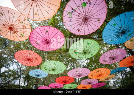 Cinese tradizionale ombrelloni multicolori impiccati sugli alberi a basso angolo di visione in Guilin, provincia di Guangxi, Cina Foto Stock