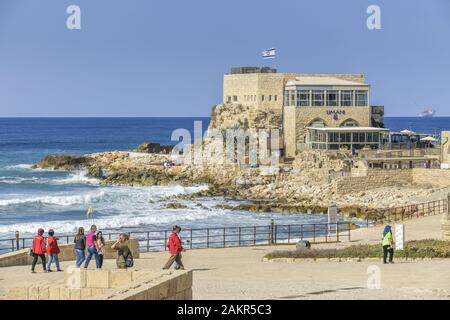 Hafengebäude mit Ristorante, CESAREA, Israele Foto Stock