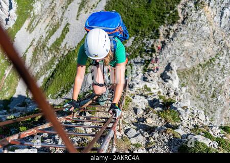 Alpinista su una via ferrata scende tramite scaletta, Mittenwald via ferrata, montagne Karwendel, Mittenwald, Germania Foto Stock