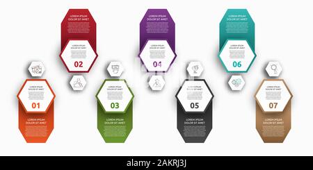 Infografico vettore con 7 esagoni con etichette. Utilizzato per sei schemi, grafico, diagramma di flusso, timeline, marketing, presentazione. Creative concetto di business Illustrazione Vettoriale