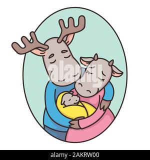 Famiglia di cervo o alce in una cornice ovale. Papà, mamma, neonato. Il padre, la madre e il bambino. Il vero amore. Fumetto personaggio animale illustrazione vettoriale isolato Illustrazione Vettoriale
