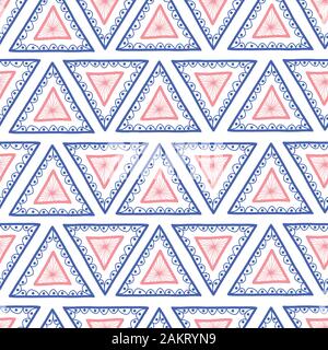 Seamless geometrici disegnati a mano sullo sfondo del triangolo. Disegnato a mano stile Boho rosa e triangoli blu ripetizione di modello di vettore. Tribali etnici sullo sfondo Illustrazione Vettoriale