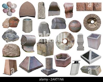 Pietre di granito massi di varie forme colori e dimensioni. Isolato su whiteset da oggetti esterni Foto Stock