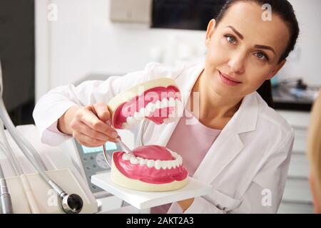 Ritratto di sorridente dentista azienda protesi artificiali Foto Stock