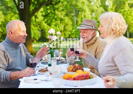 I vecchi amici sono seduti mentre si beve il caffè con il vino rosso nel giardino in estate Foto Stock