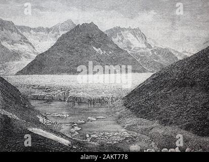 Il ghiacciaio di Aletsch glacier lago, con il lago Märjelensee, Aletschgletscher, o Grande Aletsch Glacie, è il più grande ghiacciaio delle Alpi, Svizzera, nell'anno 1888 / Der Aletschgletschersee mit dem Märjelensee, dem Aletschgletscher oder dem Grossen Aletschgletscher ist der grösste Gletscher der Alpen in der Schweiz im Jahr 1888, Historisch, digitale migliorata la riproduzione di un originale del XIX secolo / digitale Reproduktion einer Originalvorlage aus dem 19. Jahrhundert Foto Stock