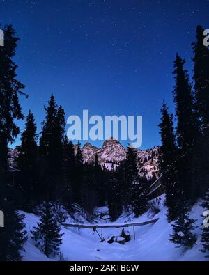 Uno splendido scenario delle vette innevate delle montagne sotto il cielo notturno pieno di stelle a tempo di inverno Foto Stock