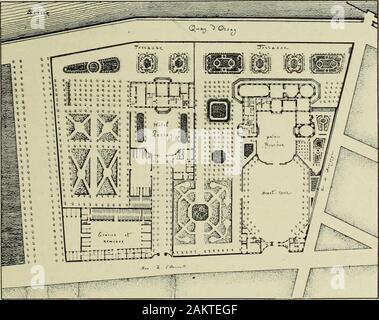 Les arts dans la maison de Condé . I " "1 ^ io 1 * 1 1 !I. ^rrrr^g: ^^.. Le palais BoniiiON et lhôtel ue Lassav axant ITiJj. Nazioni Unite perron à plusieurs degrés se développait à lextérieur du bâtiment principal etdonnait accès aux jardins qui entouraient le palais et le séparaient de lhôtel de Lassay.Celui-ci ne comprenait quun seul corps, sans ailes, delà même hauteur que le palaisvoisin. Su y entrait par une longue avenue fare marronniers qui parlait de la rue delUniversité; à droite de lavenue, bosquets du Palais Bourbon, cucine et communsde lhôtel de Lassay; à gauche, cascami écuries du Palais Bour Foto Stock