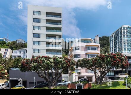 Anscombe appartamenti, da Edmund Anscombe 1937, Oriental Parade,Wellington, Nuova Zelanda Foto Stock