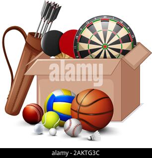 Scatola di cartone piena di attrezzature sportive su sfondo bianco illustrazione Illustrazione Vettoriale
