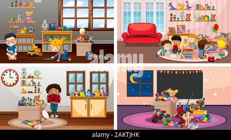 Quattro scene con i bambini giocare in diverse stanze illustrazione Illustrazione Vettoriale
