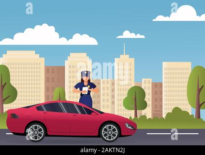 Poliziotto e pattuglia di polizia su una strada con auto ferma e driver. Concetto di polizia. Strada di Città Moderna Visualizza grattacielo paesaggio sfondo con Illustrazione Vettoriale