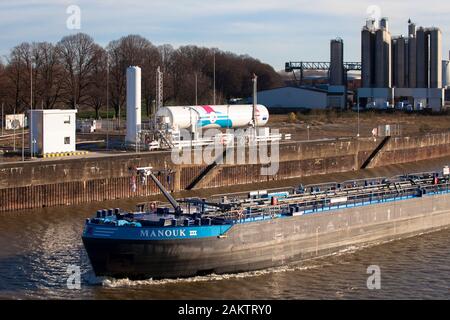 Shore-nave stazione di rifornimento per il gas naturale liquefatto (GNL) in il porto sul Reno in contrada Niehl, Colonia, Germania. Bunkerstation für Foto Stock