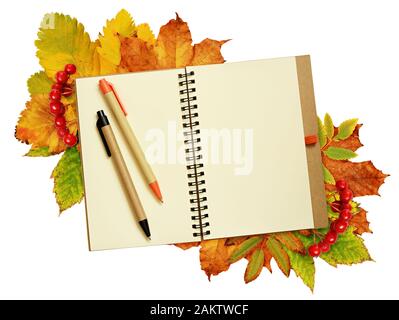 Notebook e penne a secco su foglie di autunno isolato su bianco Foto Stock
