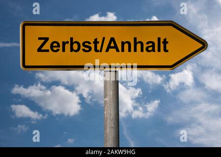 Dettaglio foto di un cartello con la scritta Zerbst/Anhalt, Sassonia-Anhalt, Germania, Europa Foto Stock